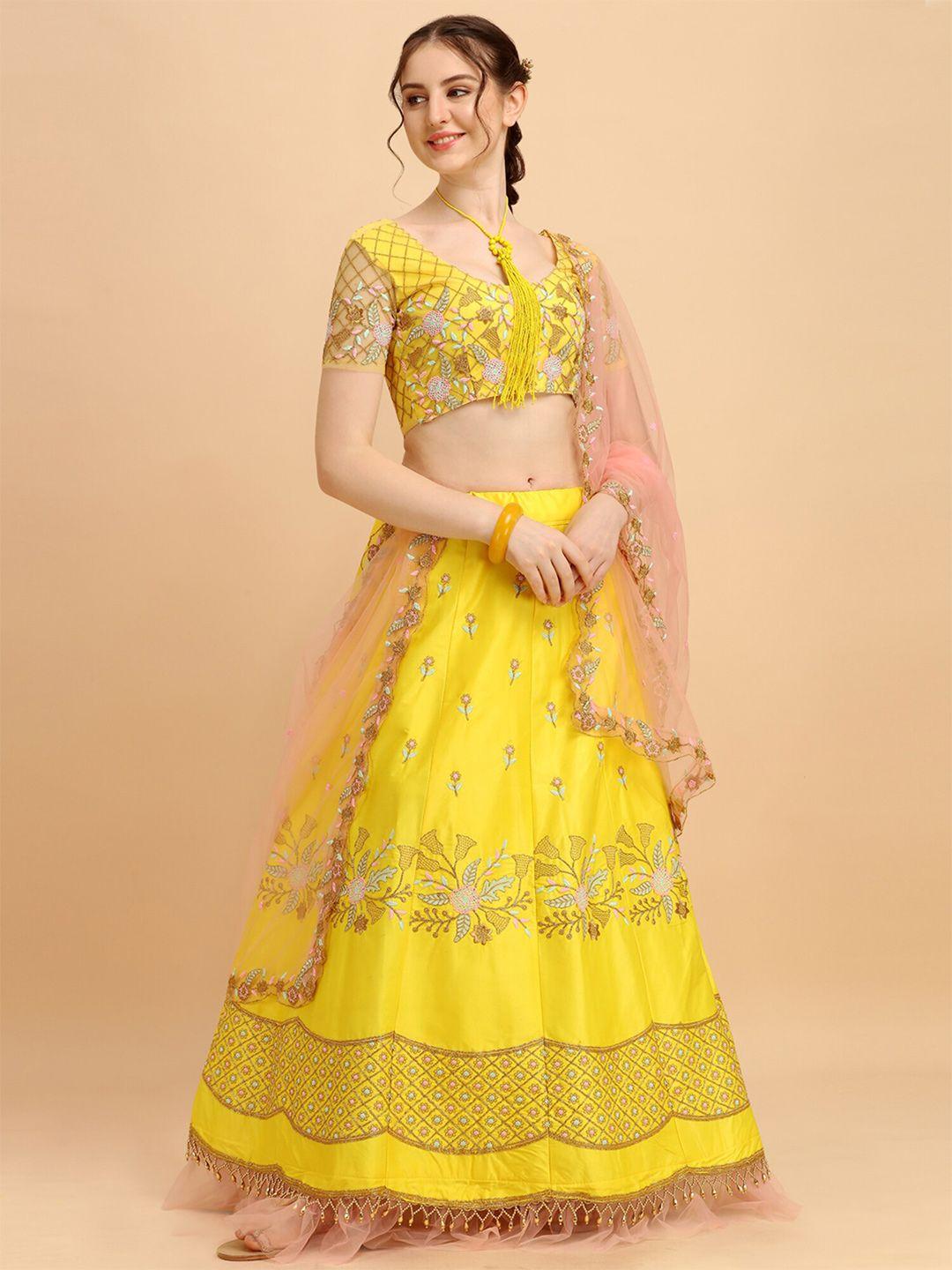 fab dadu women yellow & pink semi-stitched lehenga & unstitched blouse with dupatta