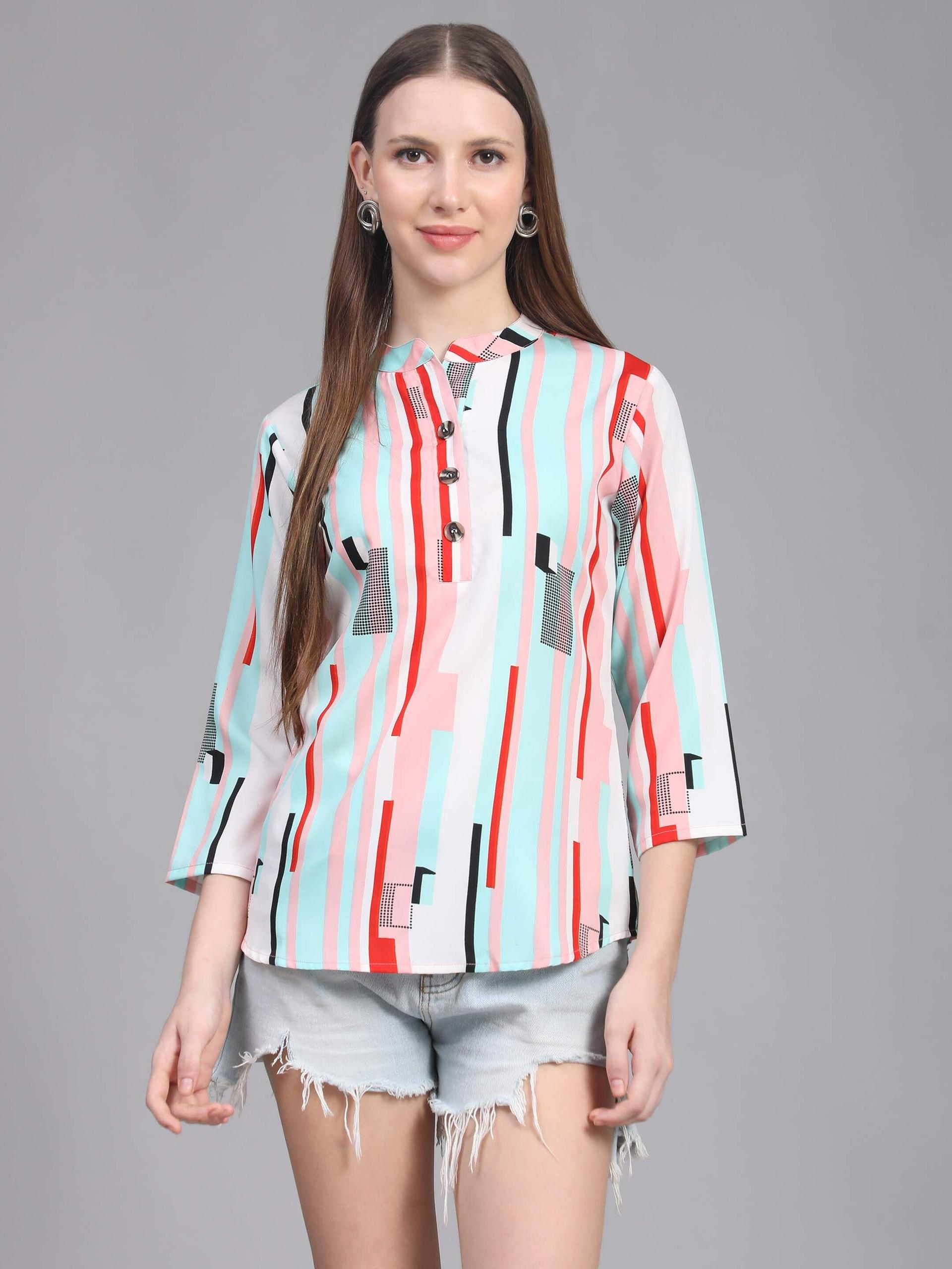 fab star multicoloured striped mandarin collar crepe shirt style top