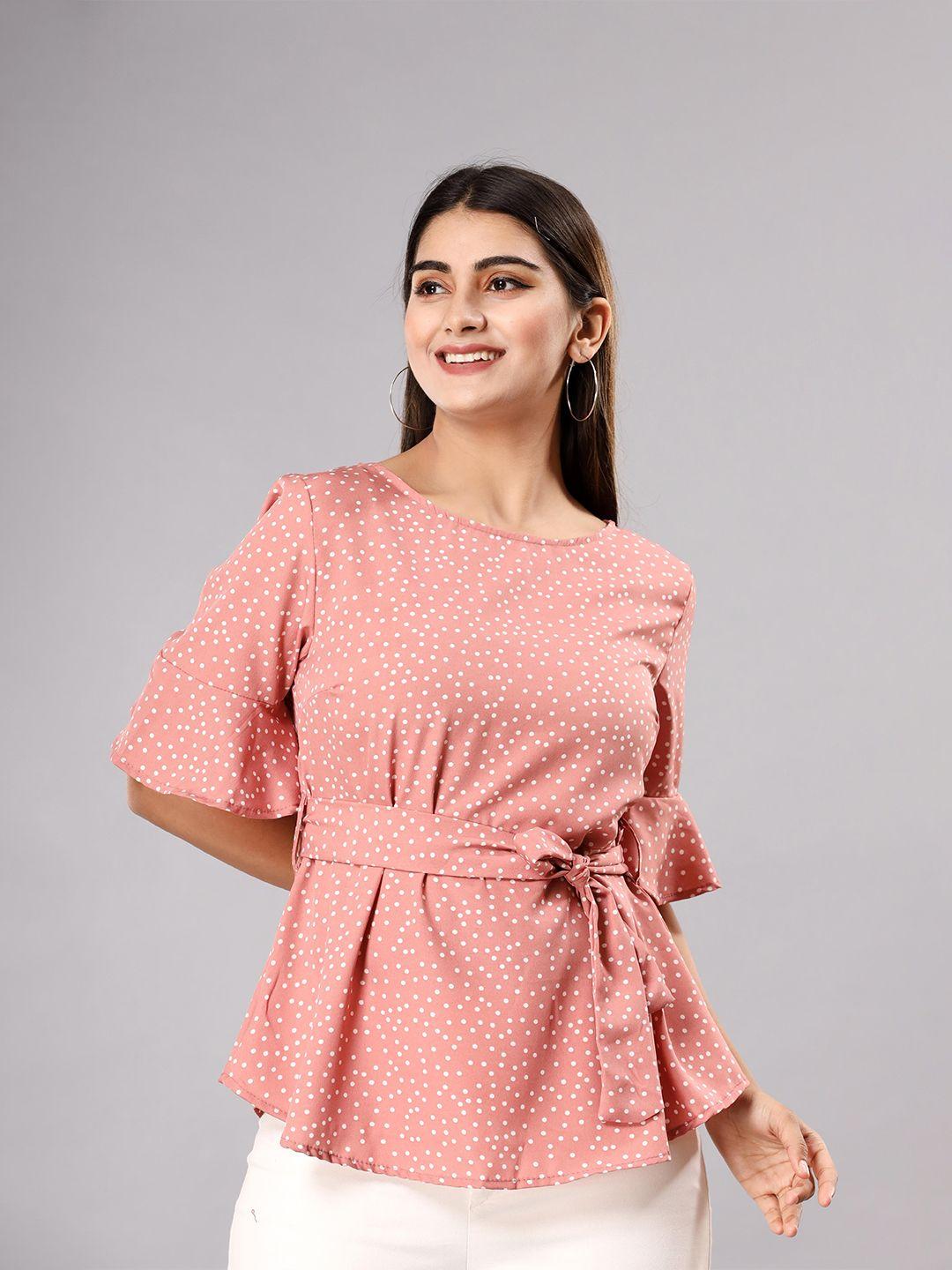 fab star polka dots printed bell sleeves cinched waist top