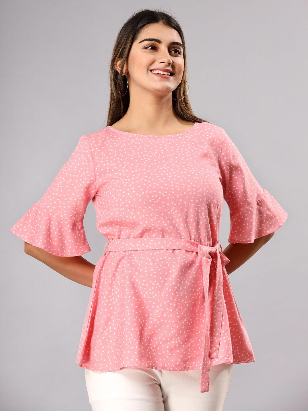 fab star polka dots printed bell sleeves cinched waist top