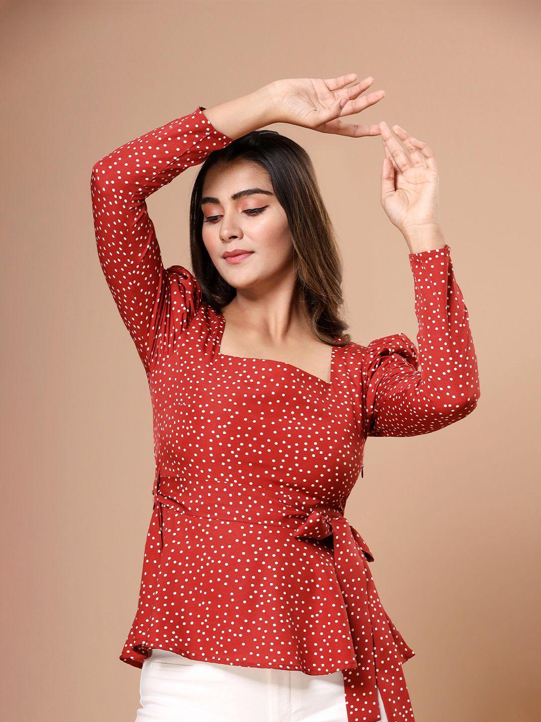 fab star printed polka dots puff sleeved cinched waist top