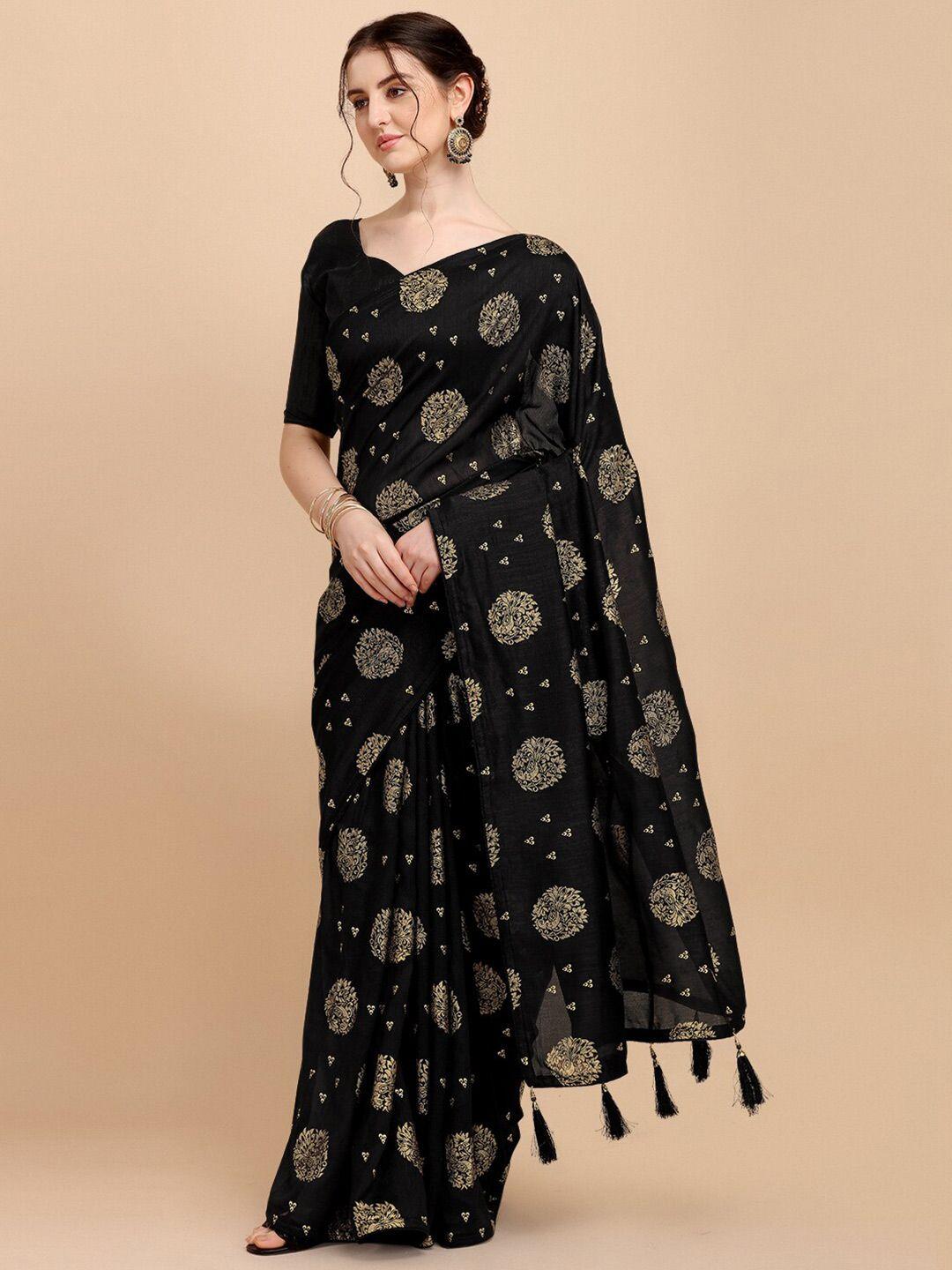 fab viva black & beige floral silk blend saree