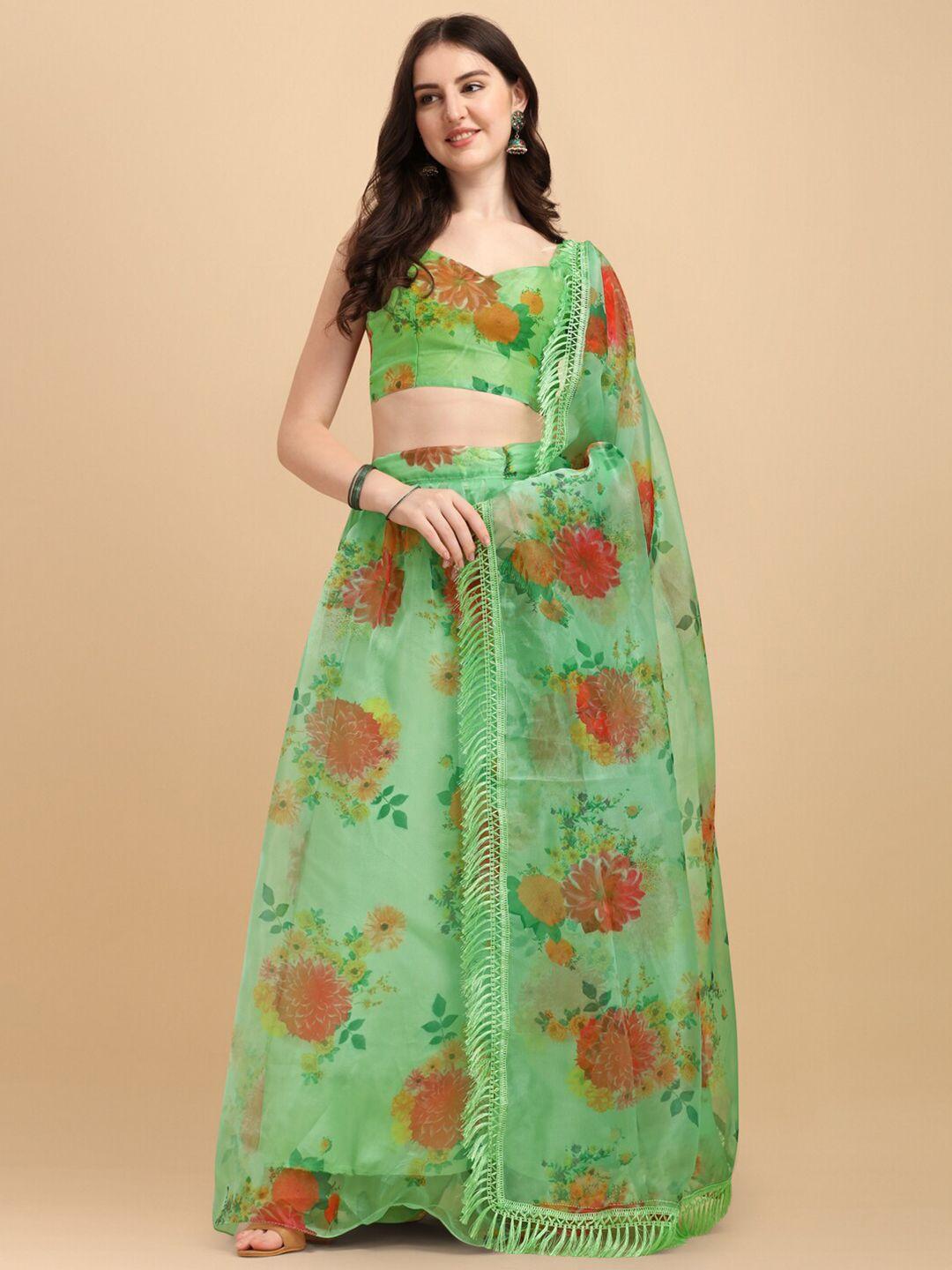 fab viva green & red printed semi-stitched lehenga & unstitched blouse with dupatta