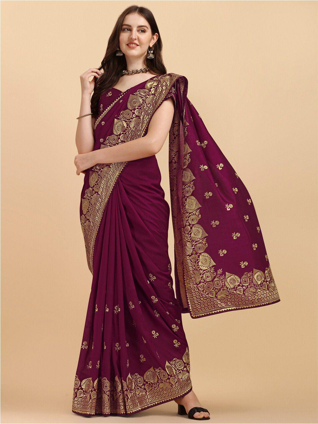 fab viva purple & copper-toned ethnic motifs embroidered art silk saree