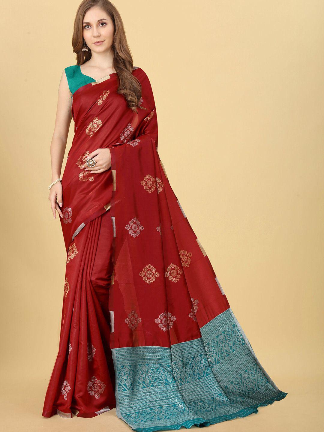 fab viva red & blue woven design zari silk blend banarasi saree