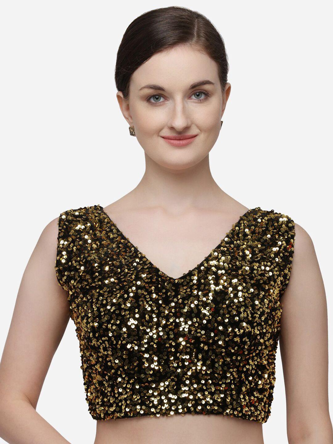 fab viva women black & gold-toned sequinned velvet saree blouse