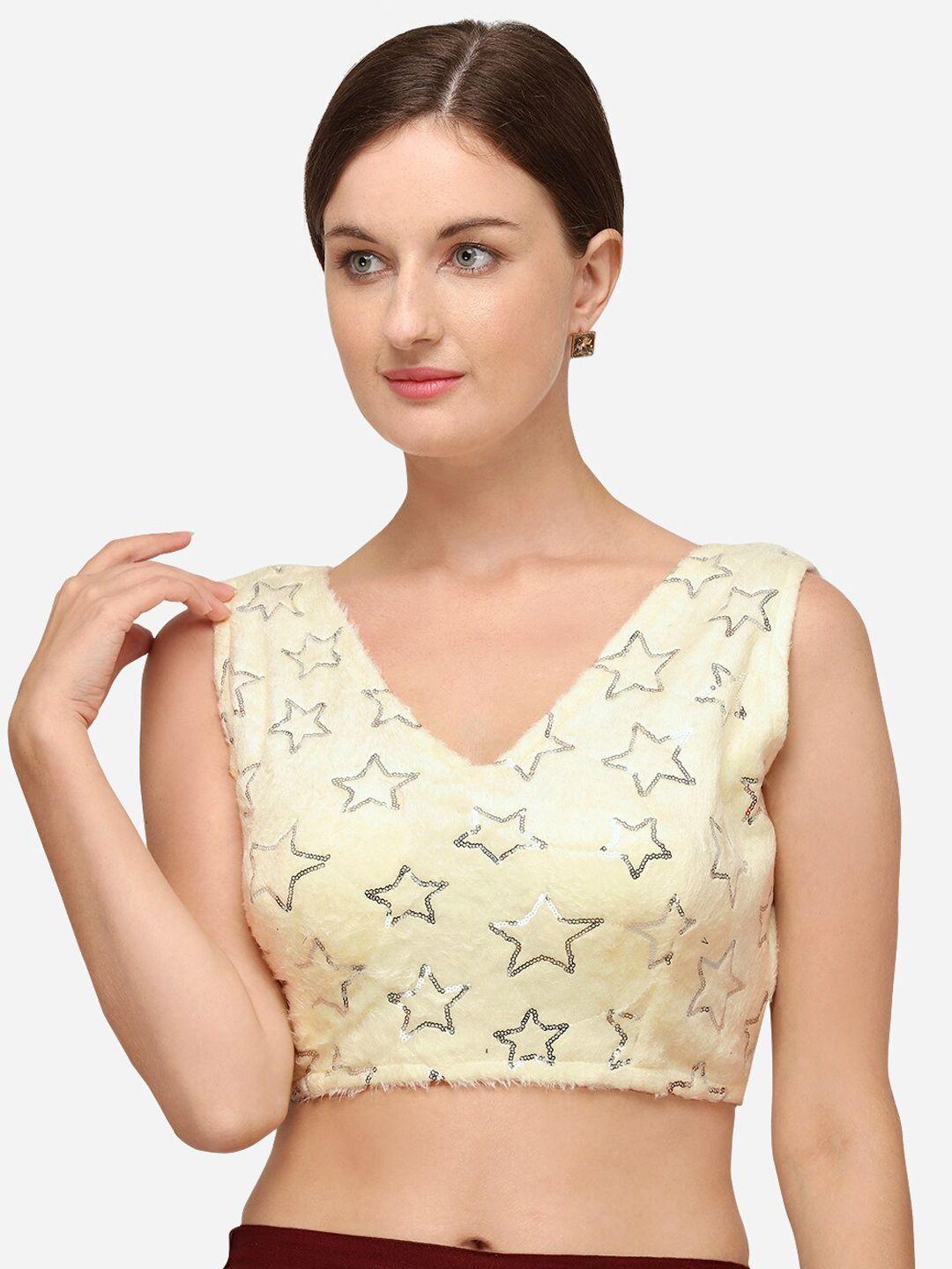 fab viva women cream-coloured  sequenced velvet  saree blouse