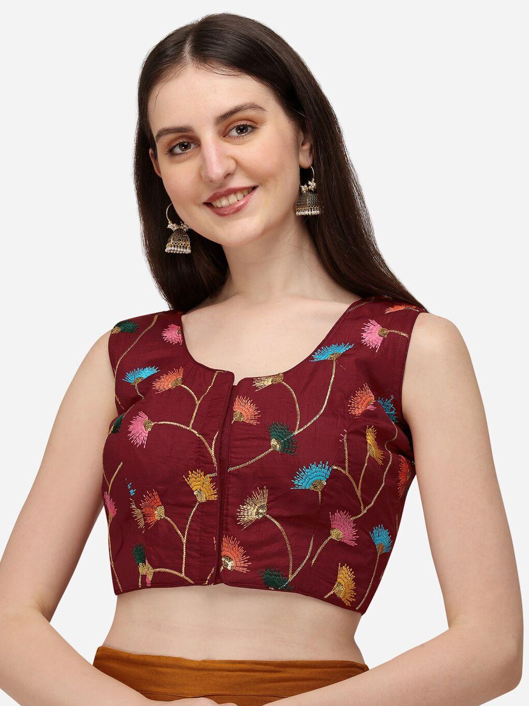 fab viva women maroon  embroidered silk saree blouse