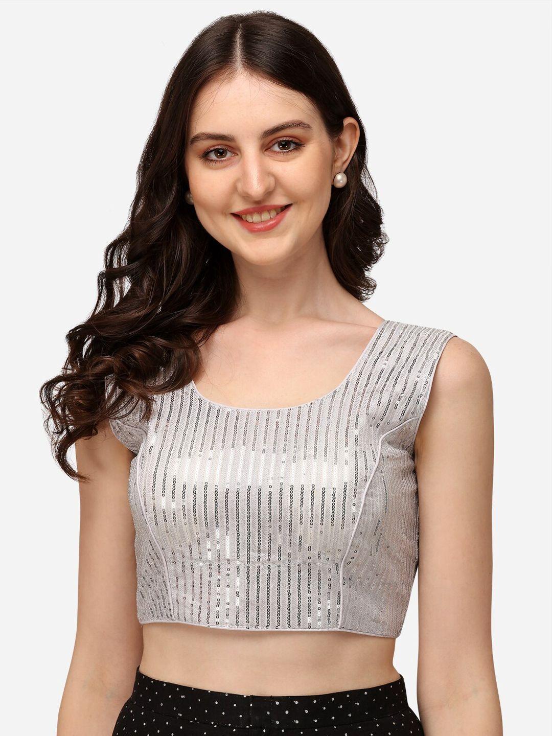 fab viva women silver-colored embroidered saree blouse