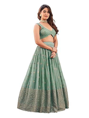 fab window women's sequine embroidered work georgette fabric lehenga choli with dupatta (olive green_semi stitched).