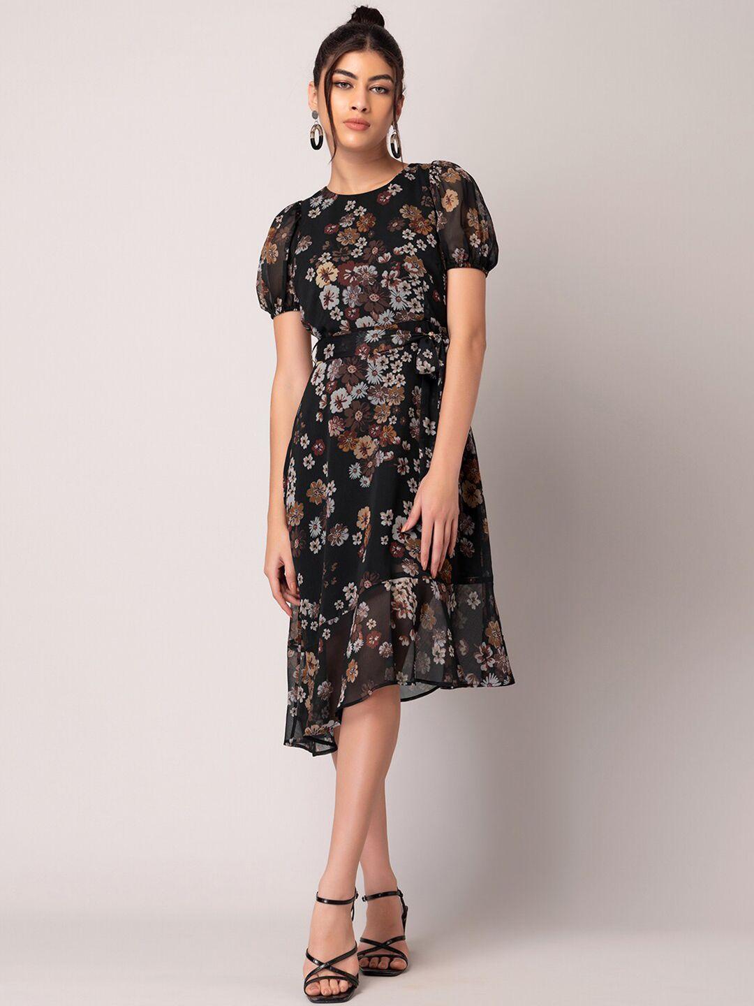 faballey black floral print a-line midi dress