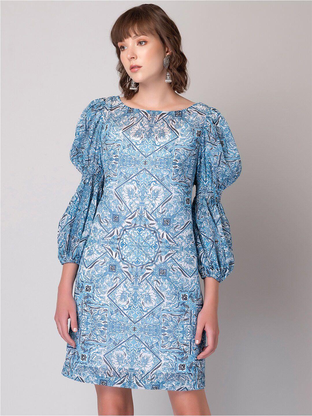 faballey blue floral print bell sleeve chiffon a-line dress