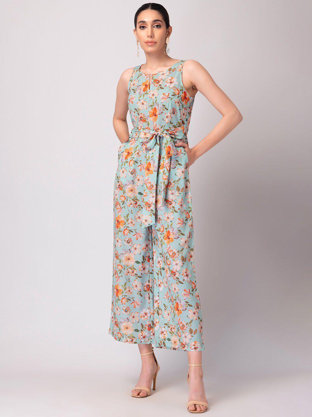 faballey floral printed front tie basic jumpsuit