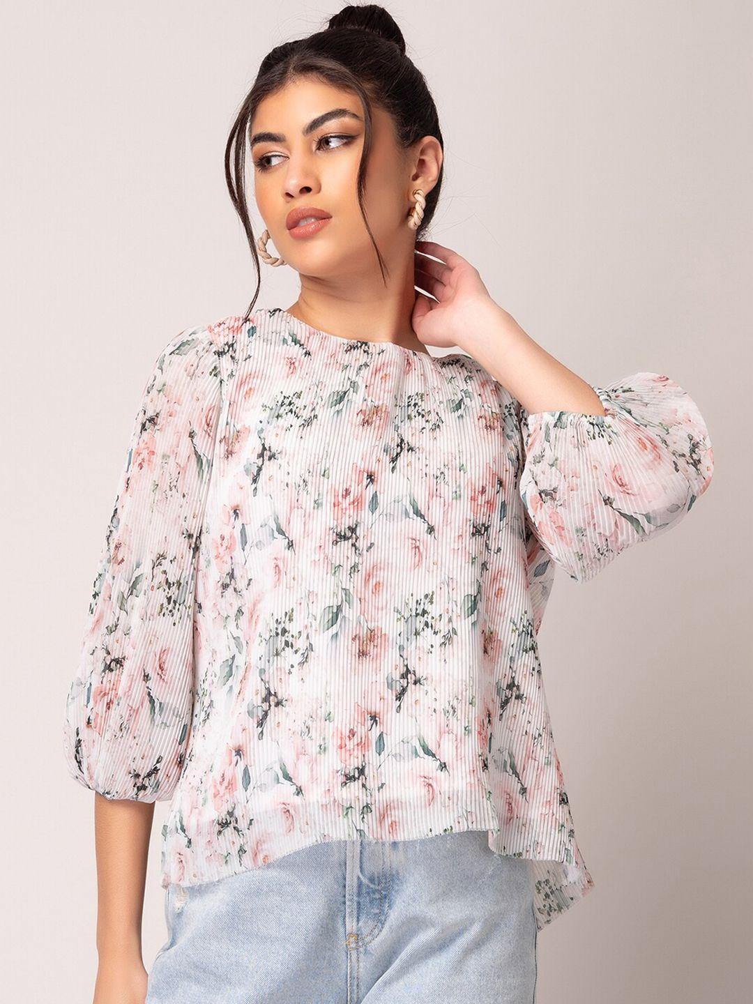 faballey floral printed georgette boat neck puff sleeve top