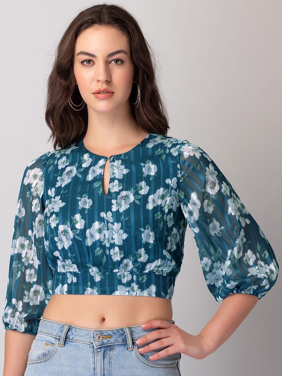 faballey floral printed key hole neck blouson crop top