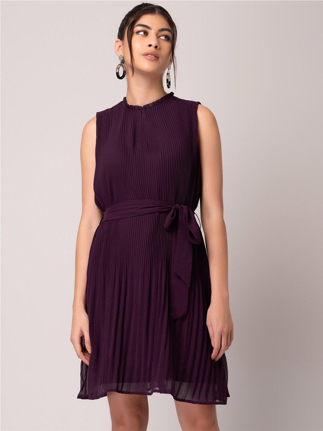 faballey maroon round neck pleated detail a-line dress