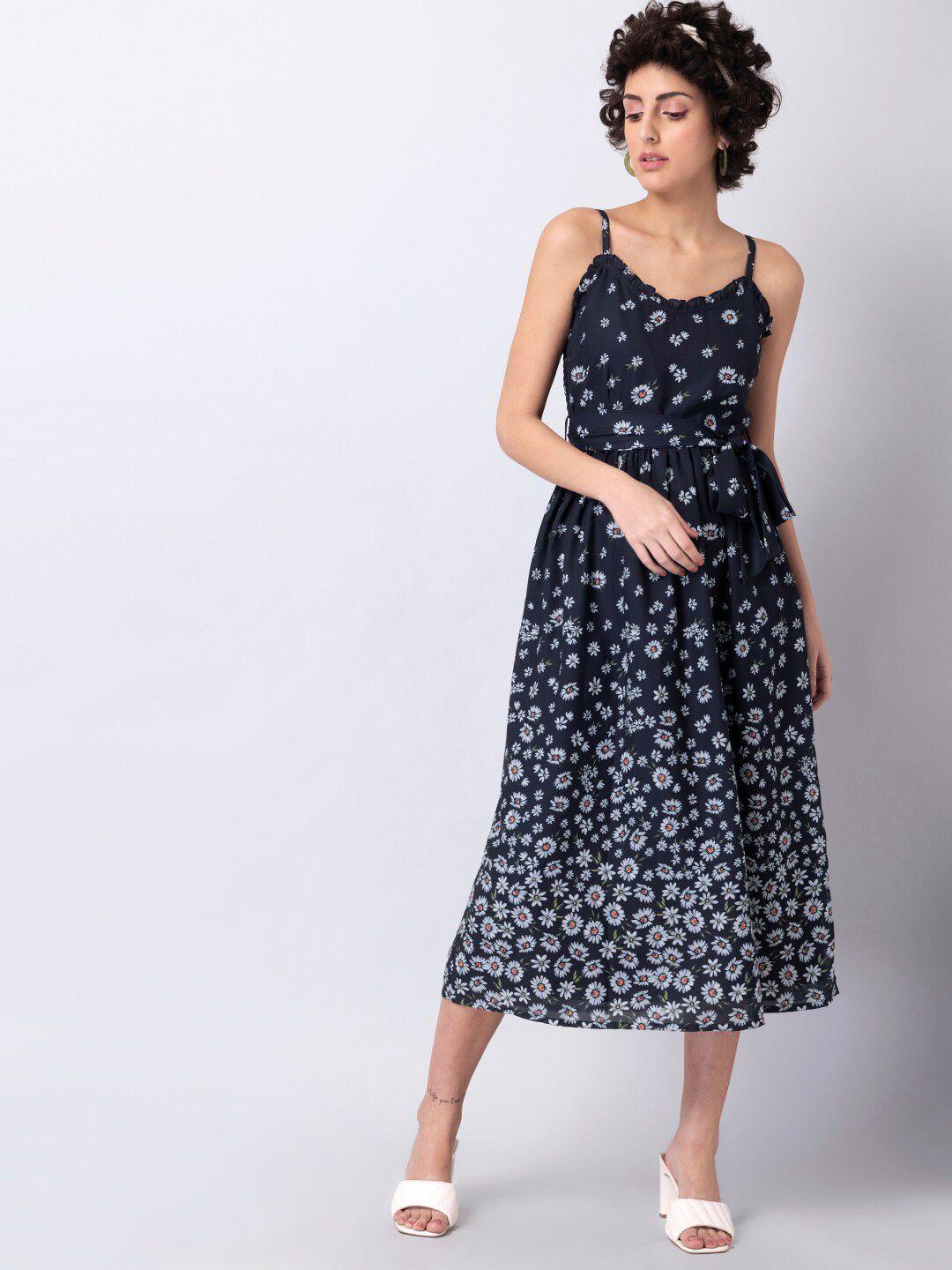 faballey navy blue & white floral georgette a-line midi dress