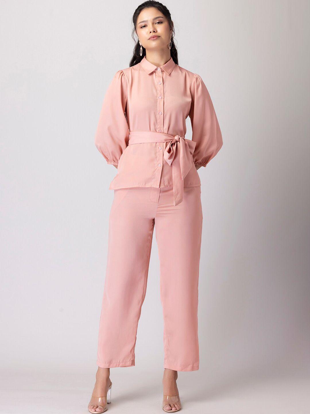 faballey peach coloured spread collar shirt & trousers with belt