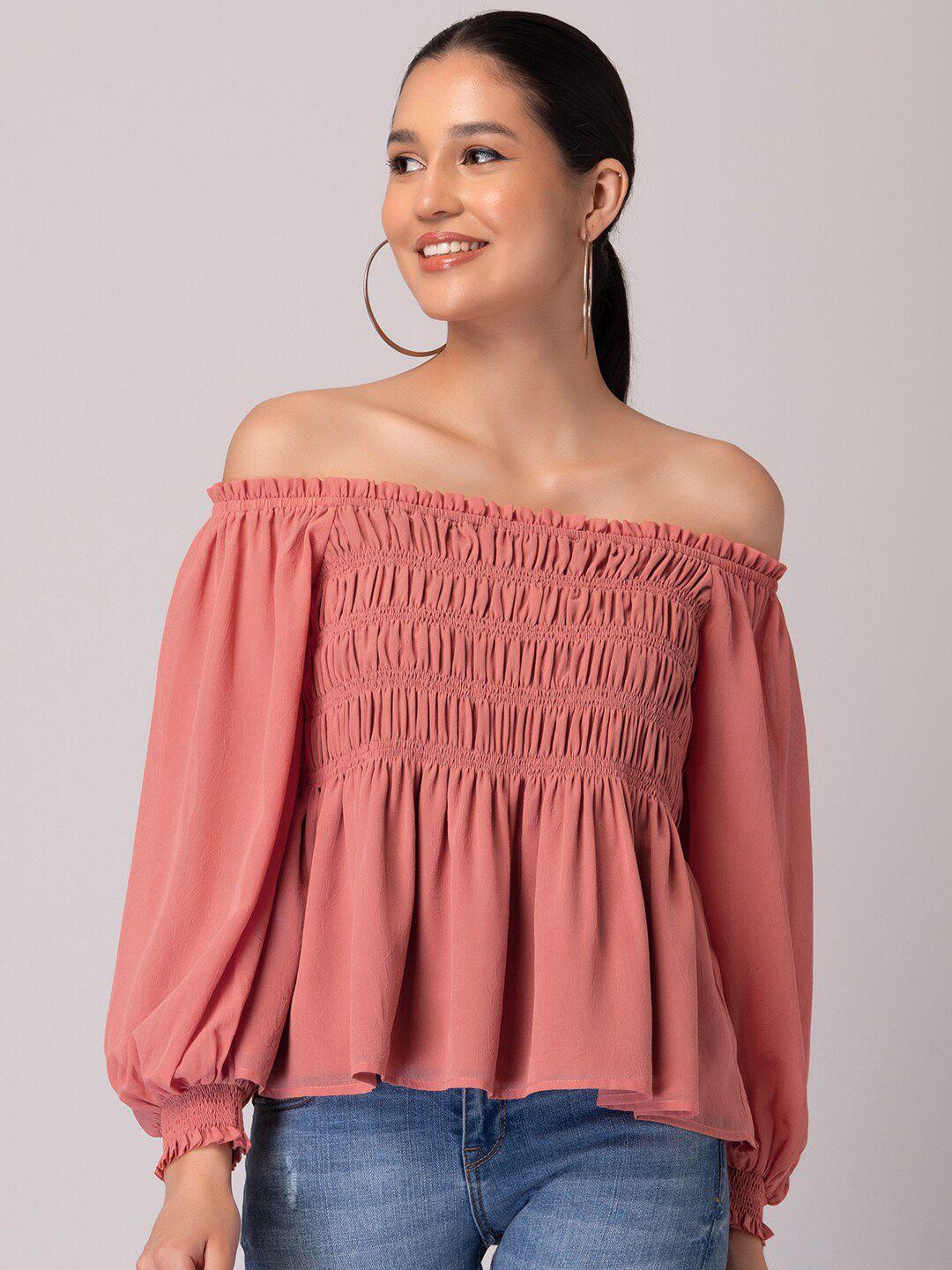 faballey peach-coloured off-shoulder puff sleeve georgette bardot top