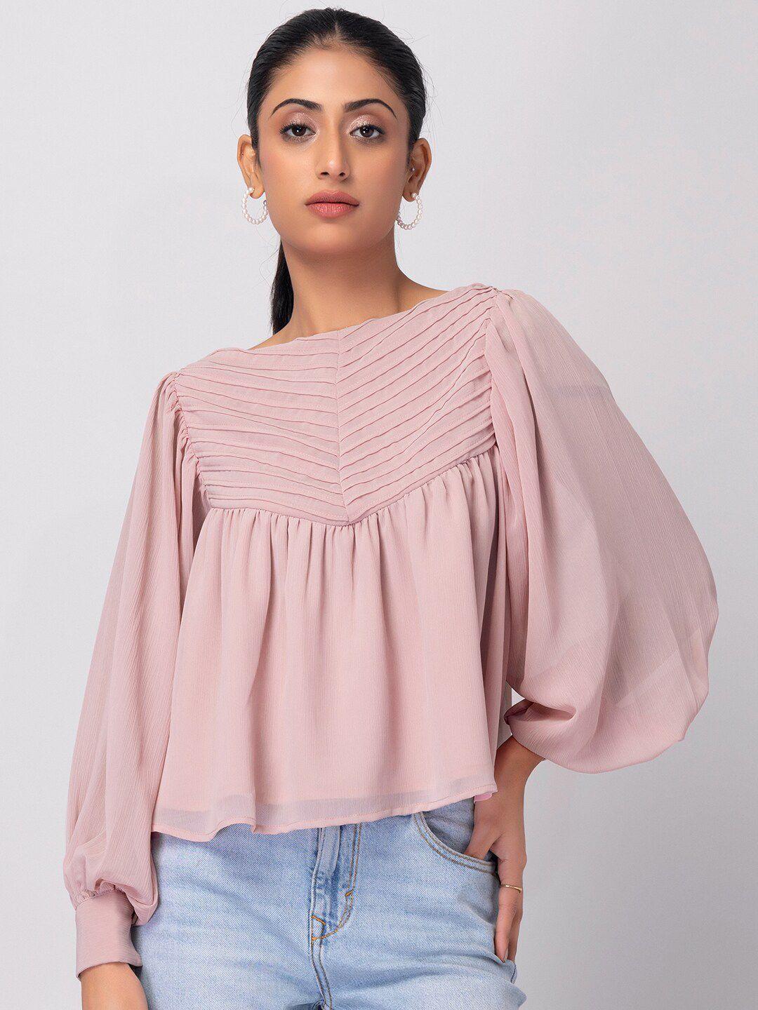 faballey pink boat neck puff sleeves pleated empire top