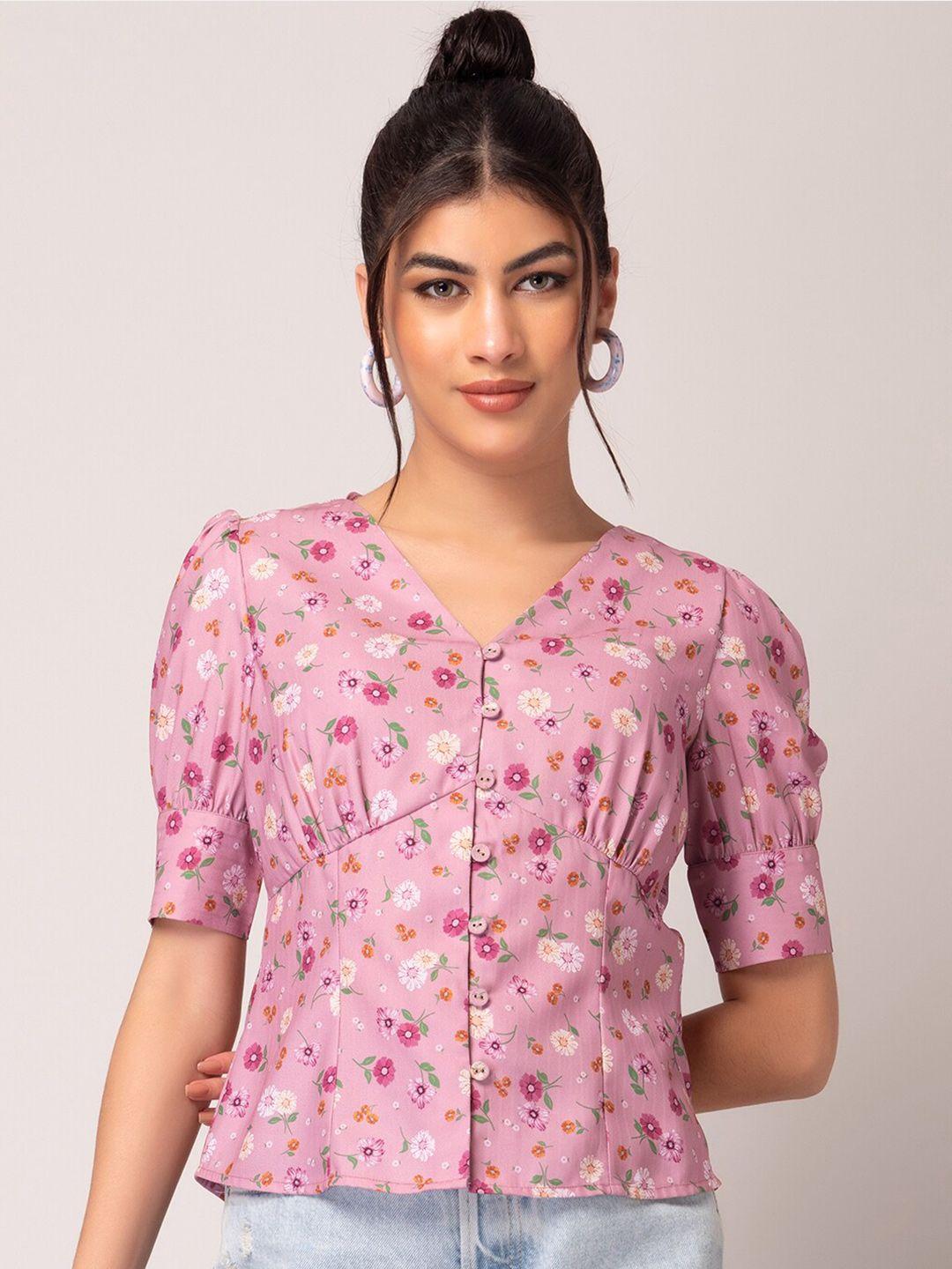 faballey pink floral printed puff sleeve shirt style top