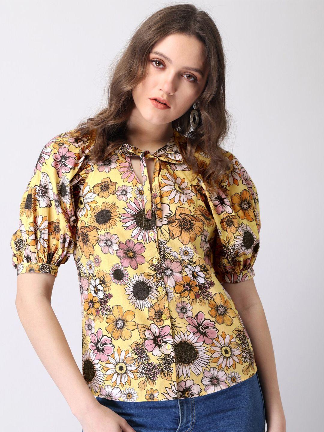 faballey tie -up neck puff sleeve floral printed shirt style pure cotton top