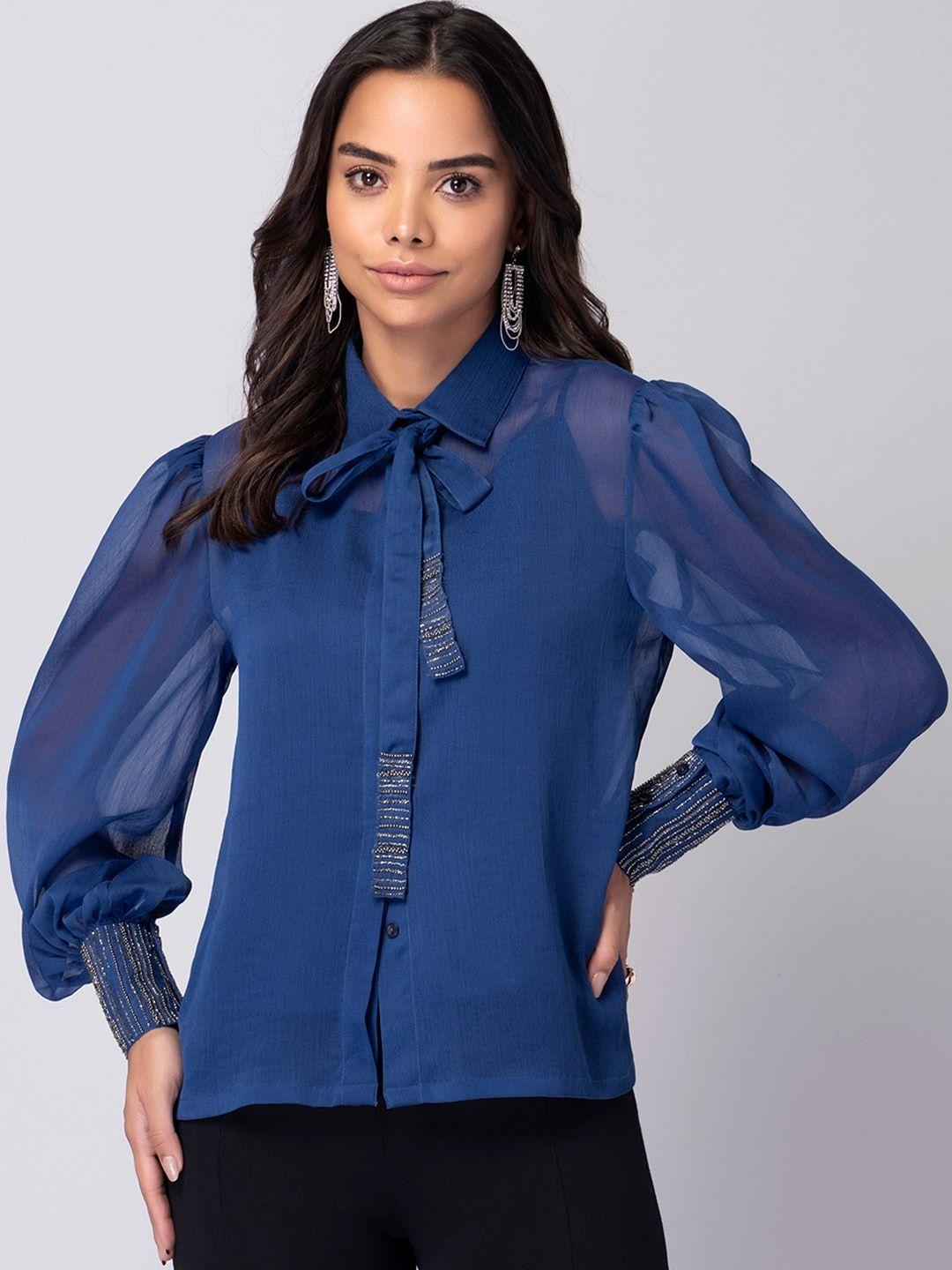 faballey tie-up neck georgette shirt style top