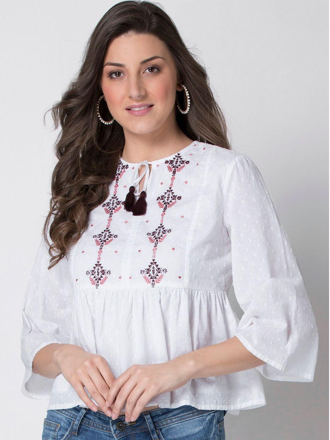 faballey white & pink geometric embroidered tie-up neck cotton peplum top