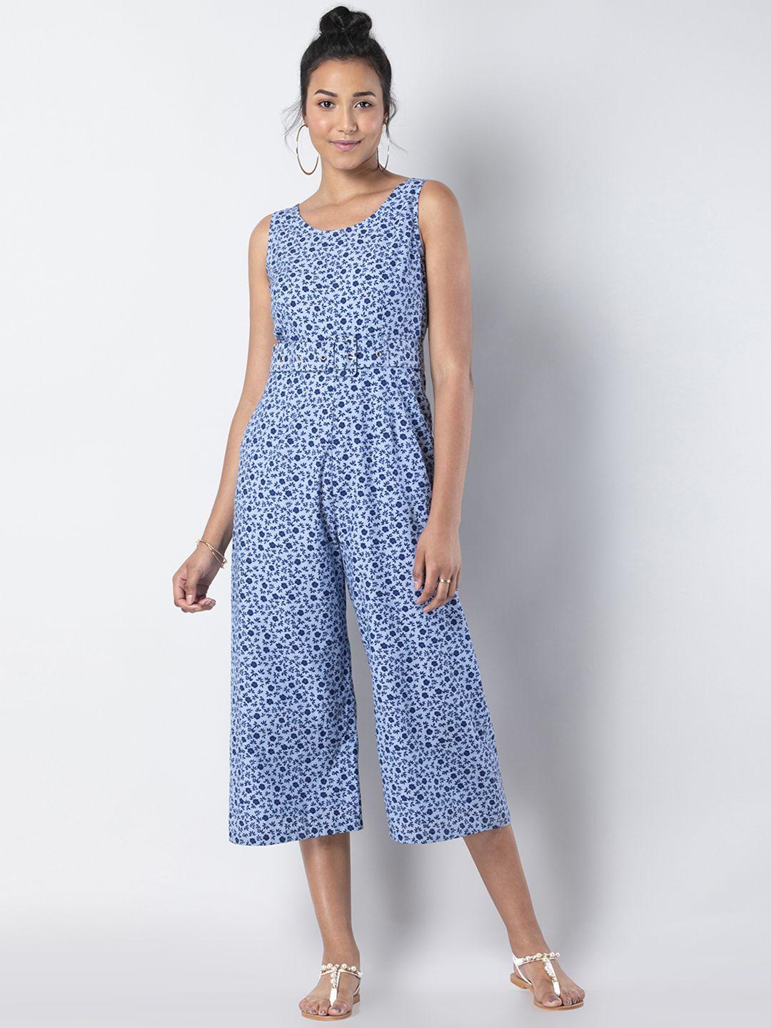 faballey women blue printed culotte chambray belted jumpsuit