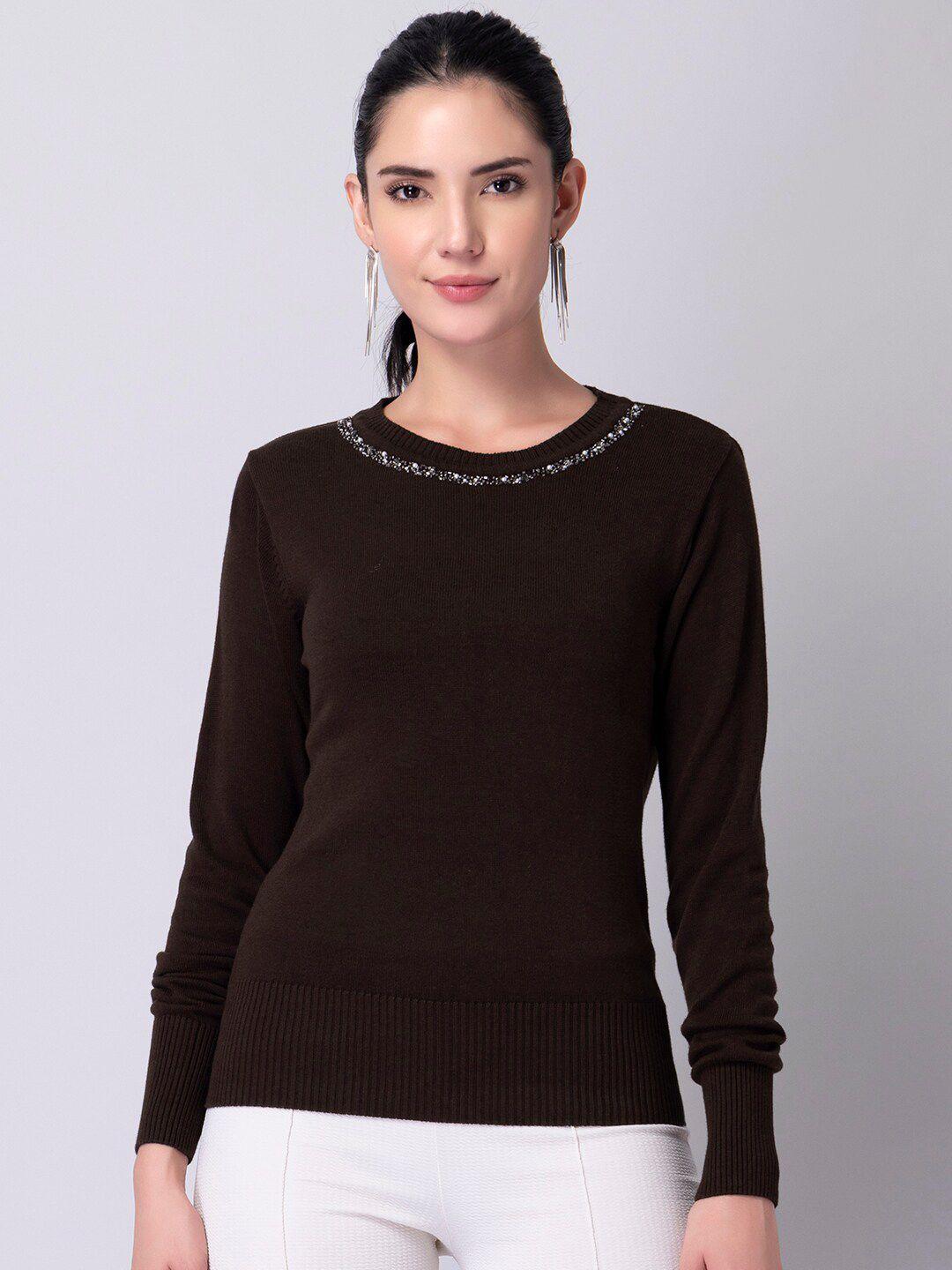 faballey women brown & white ribbed pullover