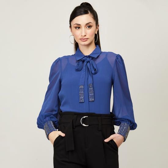 faballey women embellished bow collar shirt with camisole