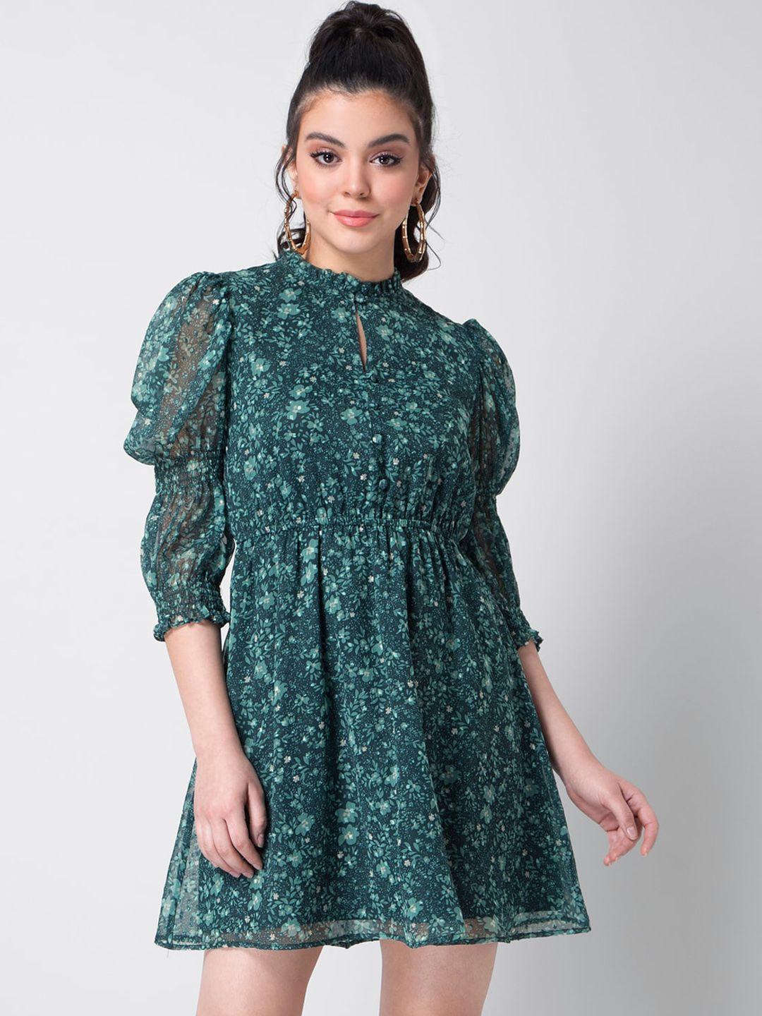 faballey women green printed fit and flare dress