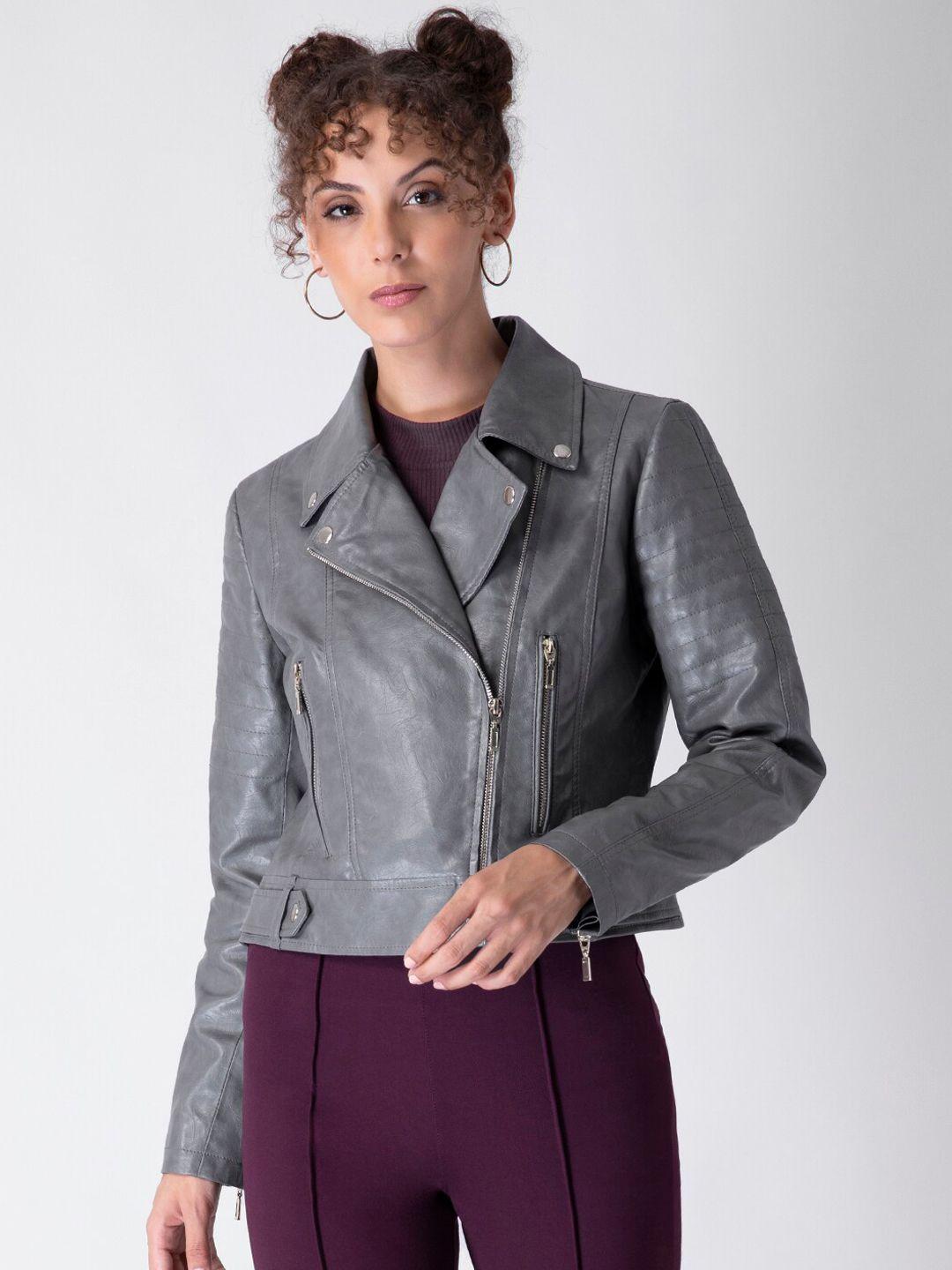 faballey women grey solid crop biker jacket