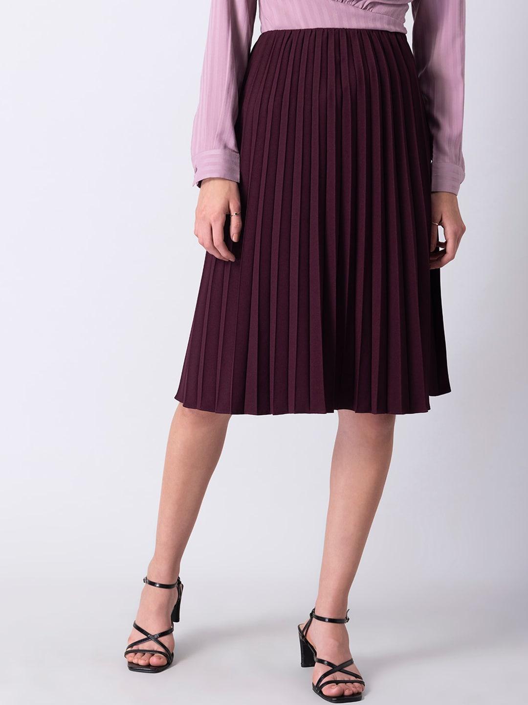 faballey women purple solid pleated flared midi skirts