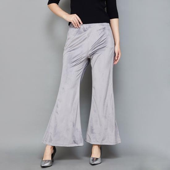 faballey women solid velour flared trousers