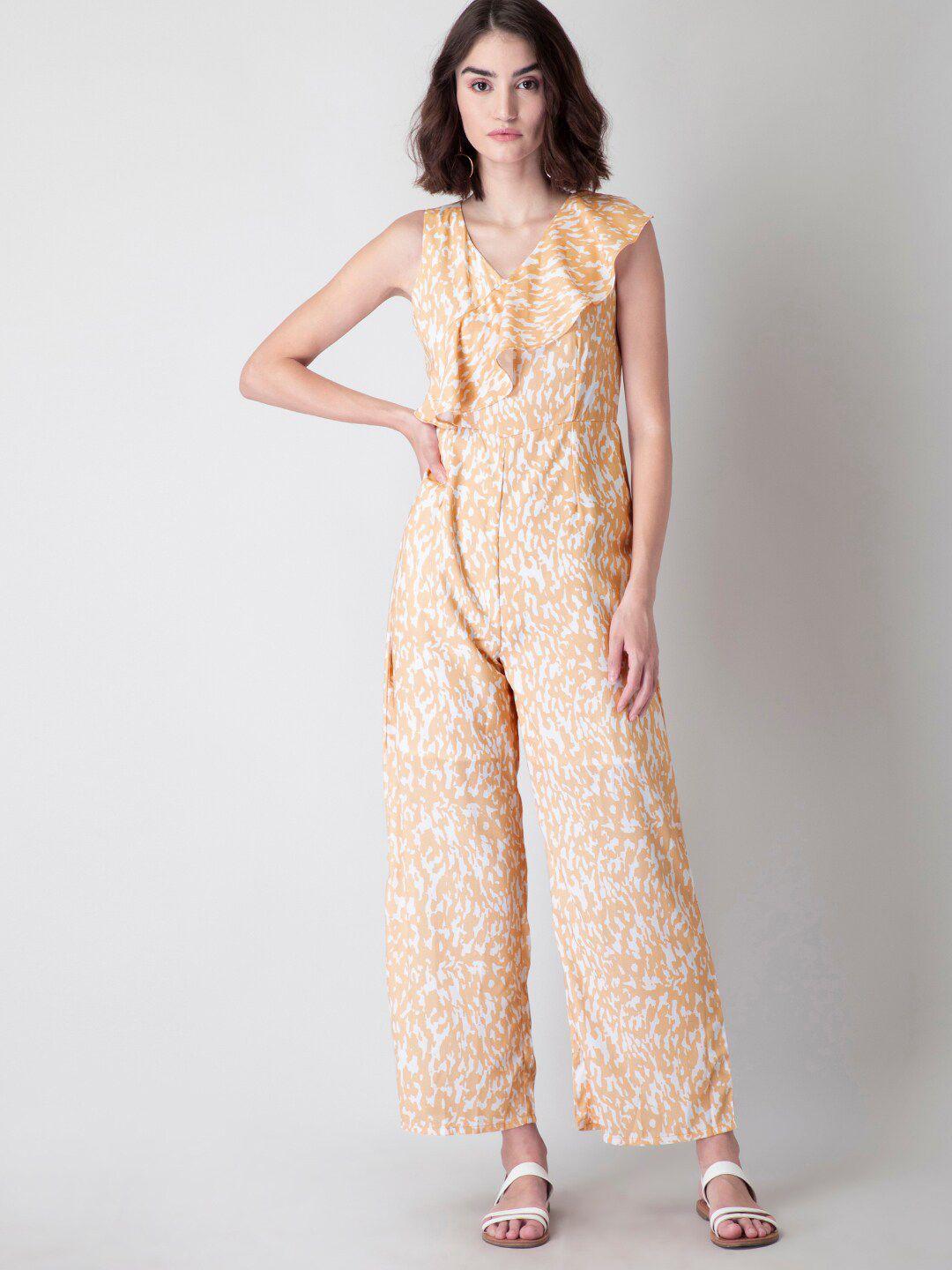 faballey abstract printed v-neck ruffles style basic jumpsuit