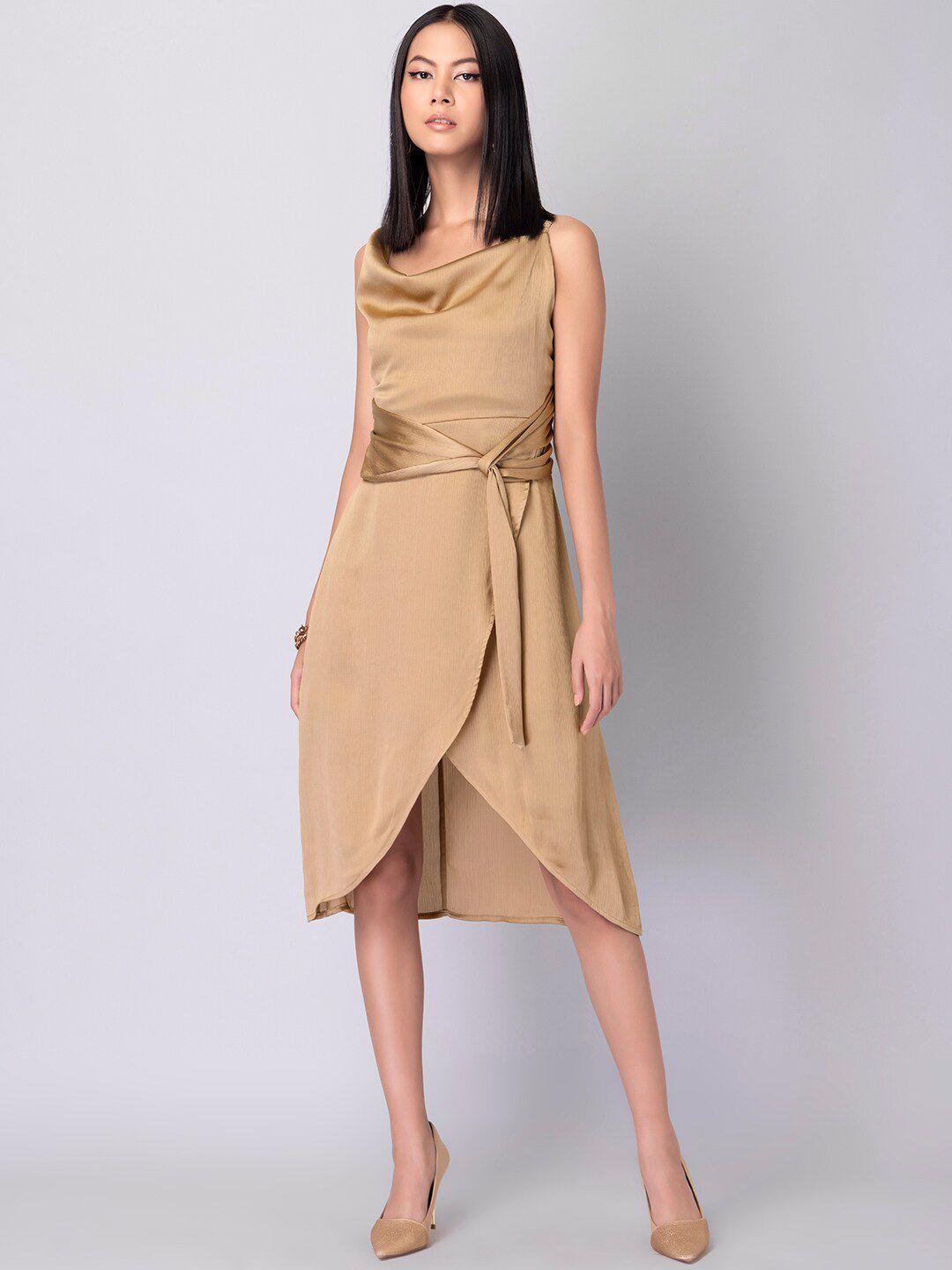 faballey beige cowl neck wrap dress