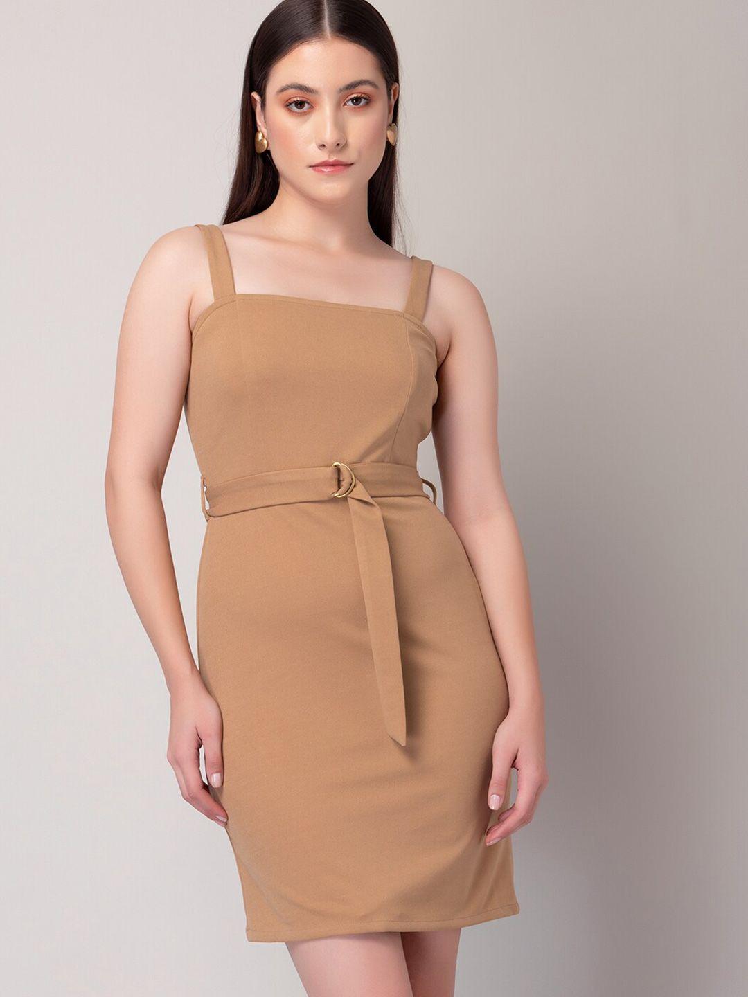 faballey beige shoulder straps belted sheath dress