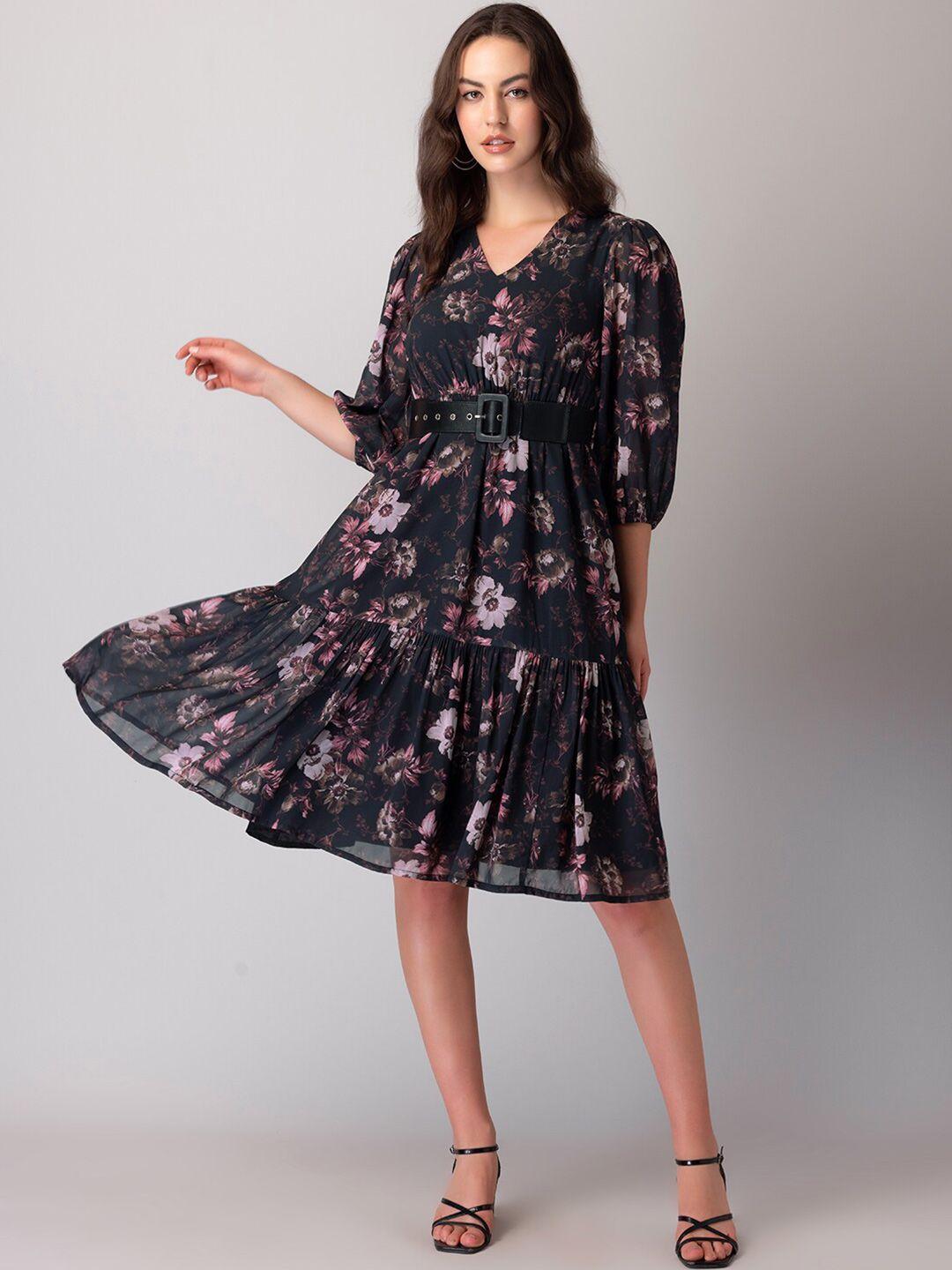 faballey black, white & pink floral printed v-neck puff sleeves fit & flare dress