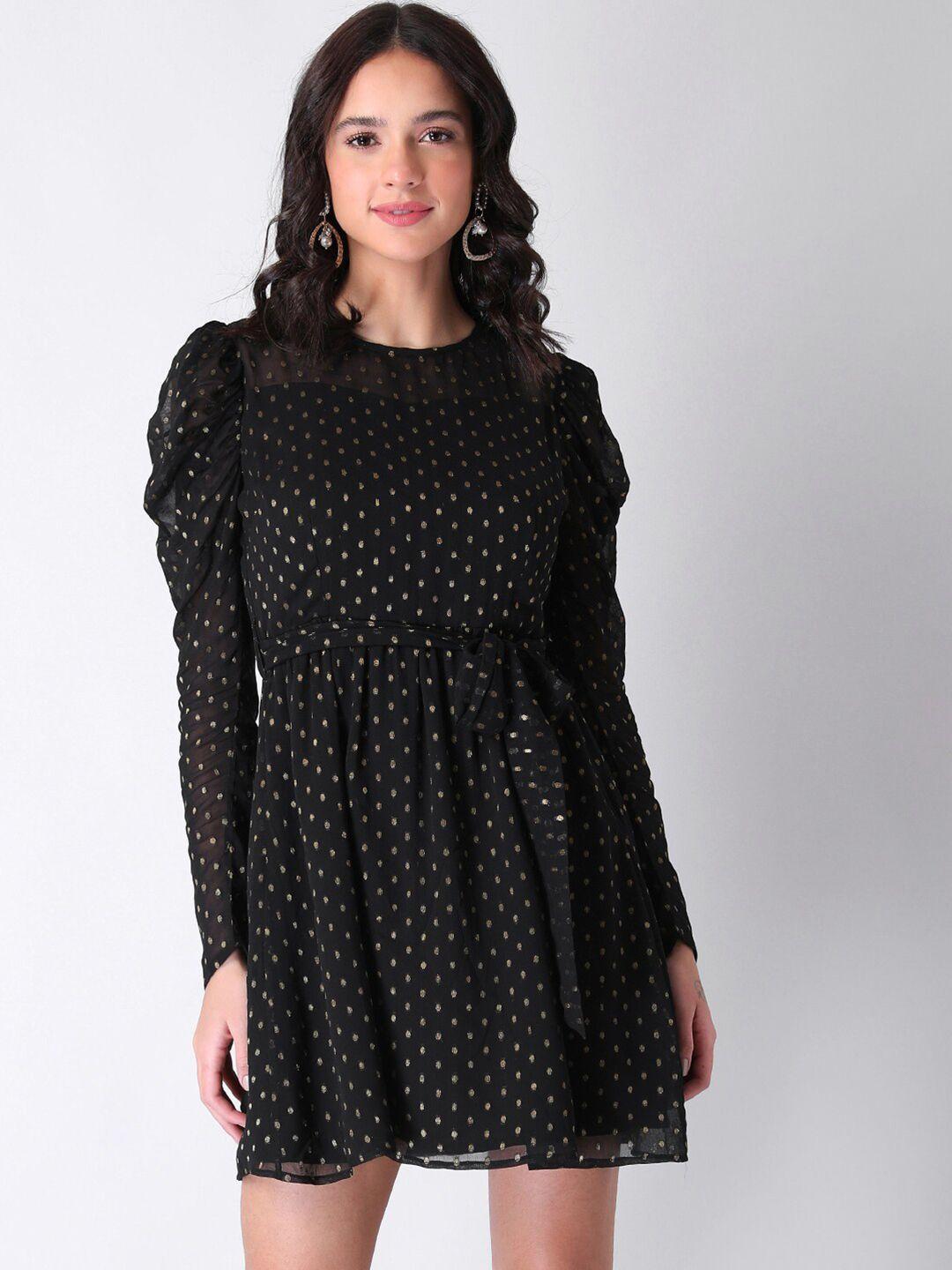 faballey black self design puff sleeve skater dress