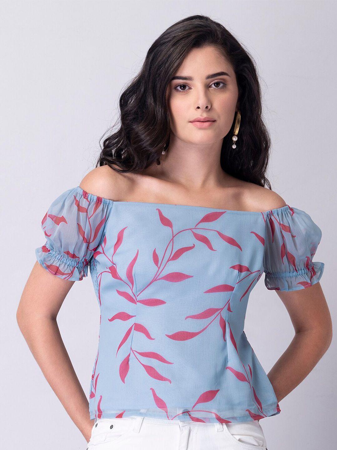 faballey blue & red conversational printed off-shoulder georgette bardot top