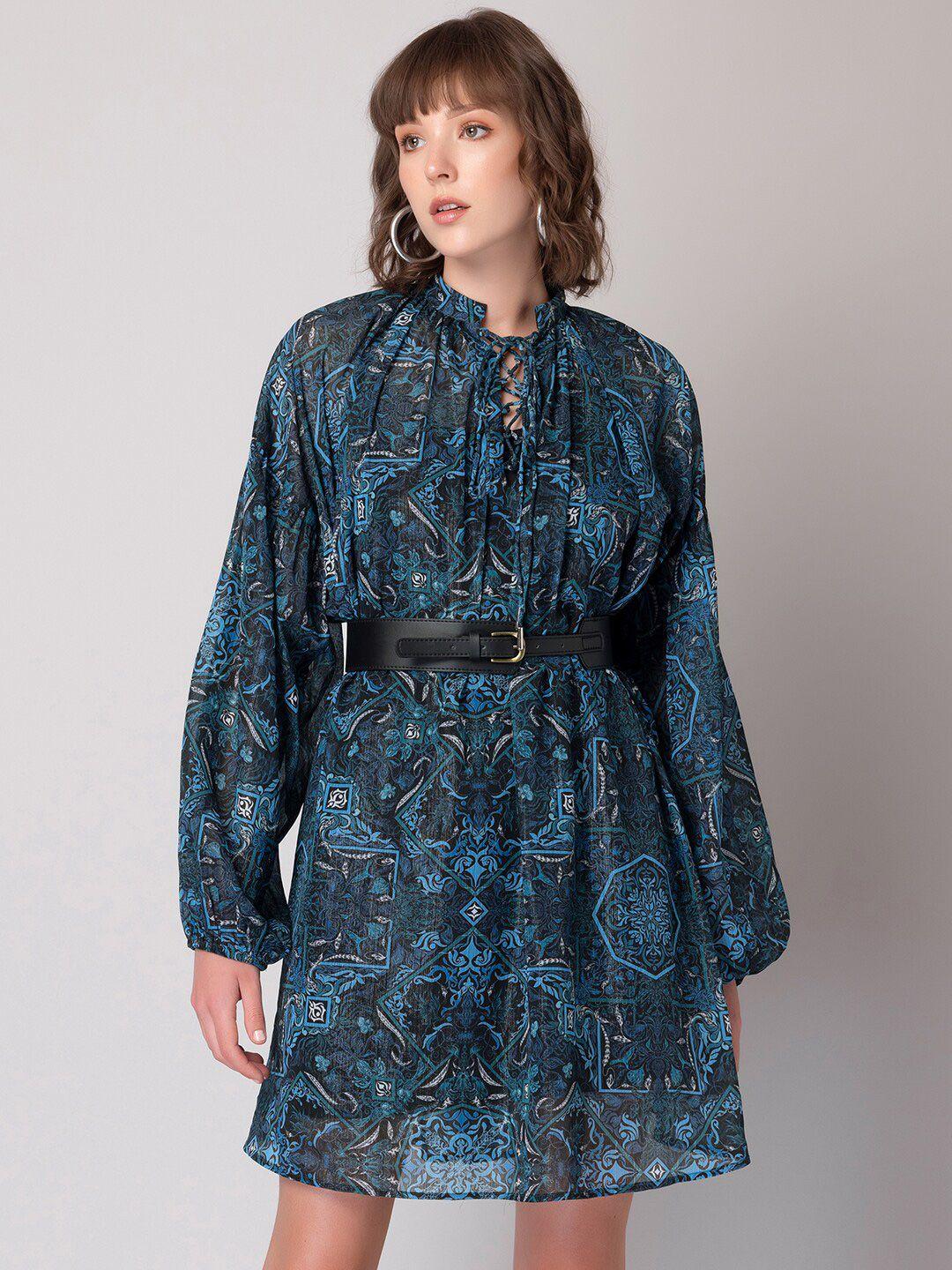 faballey blue ethnic motifs printed tie-up neck chiffon fit & flare dress with belt