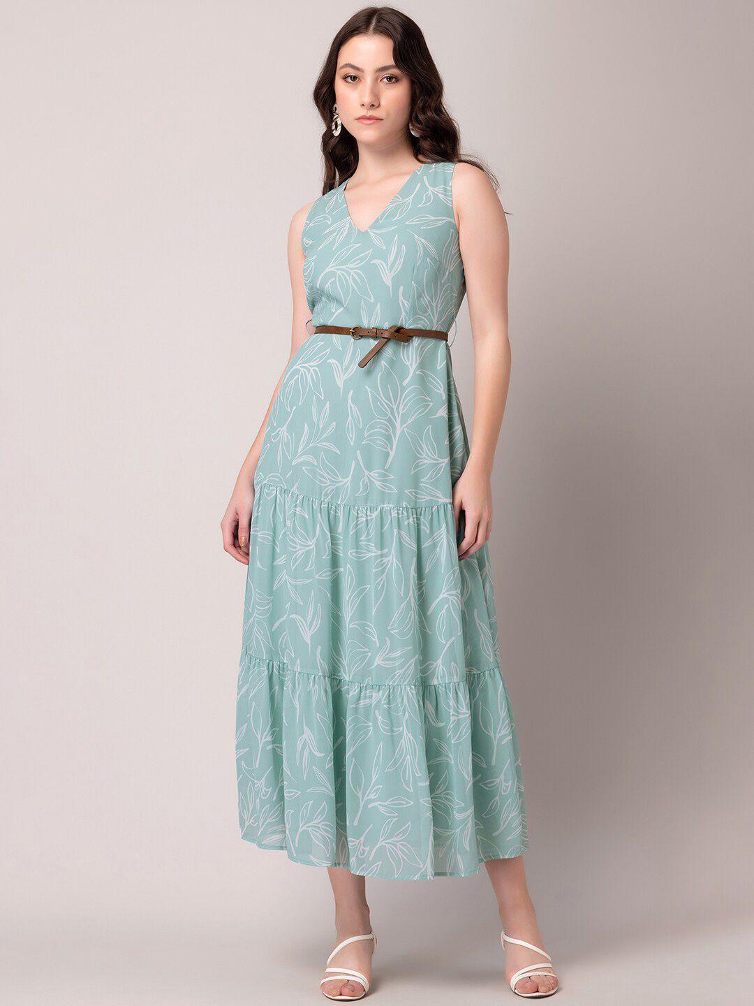 faballey blue floral printed tiered a-line midi dress with belt