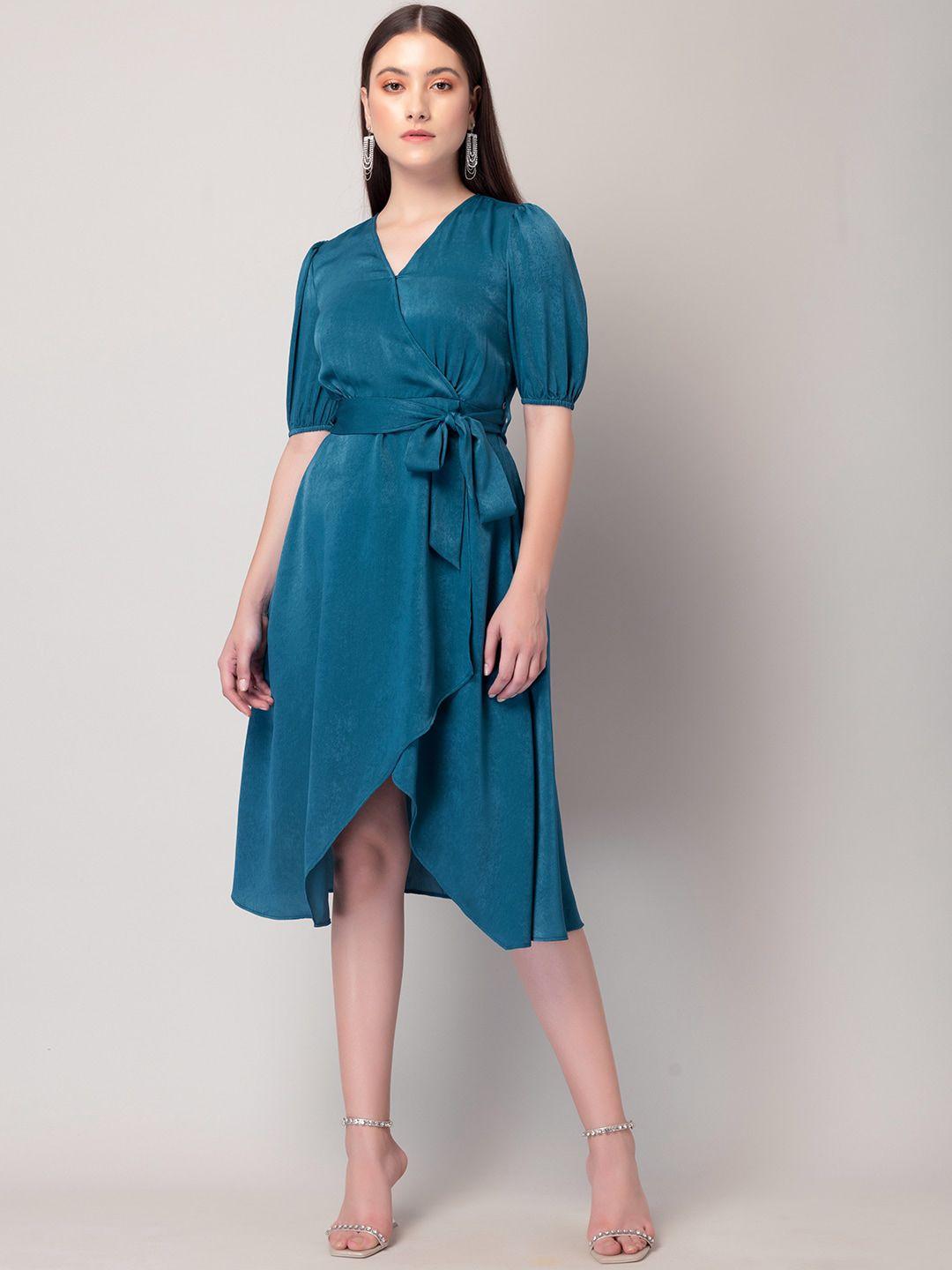 faballey blue gathered v-neck puff sleeve midi warp dress