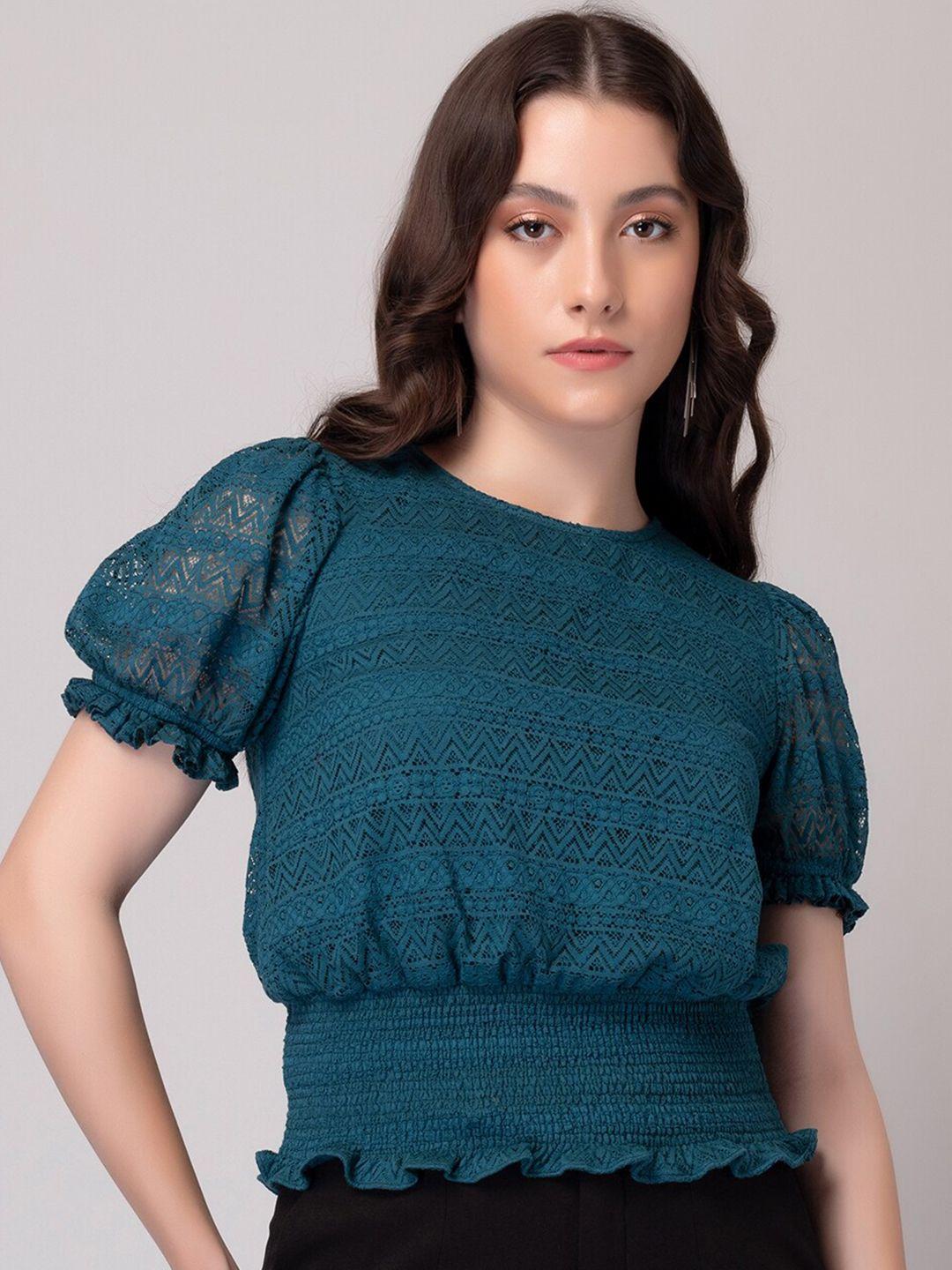 faballey blue one shoulder puff sleeve lace blouson top