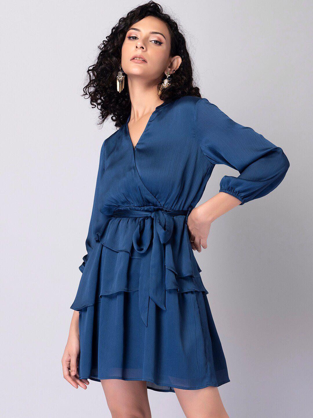 faballey blue solid satin wrap dress