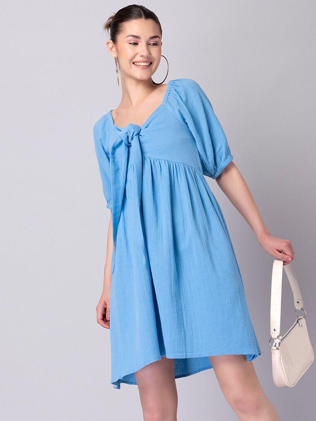 faballey blue tie-up neck smocked midi dress