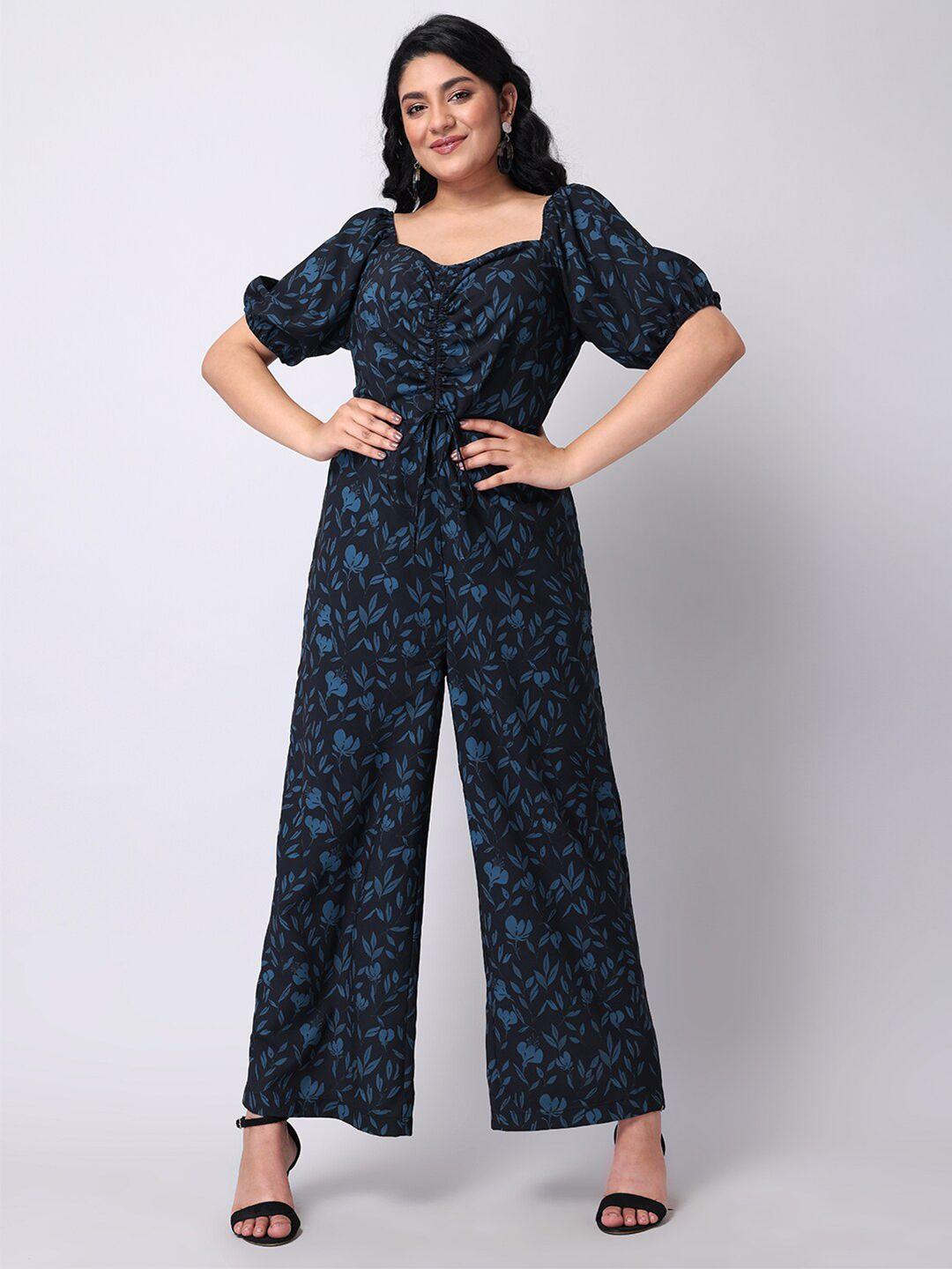 faballey curve plus size black & blue printed basic jumpsuit