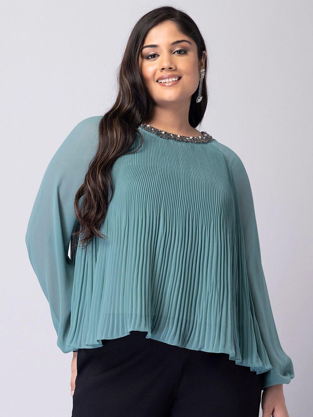 faballey curve plus size boat neck georgette long sleeves pleated top