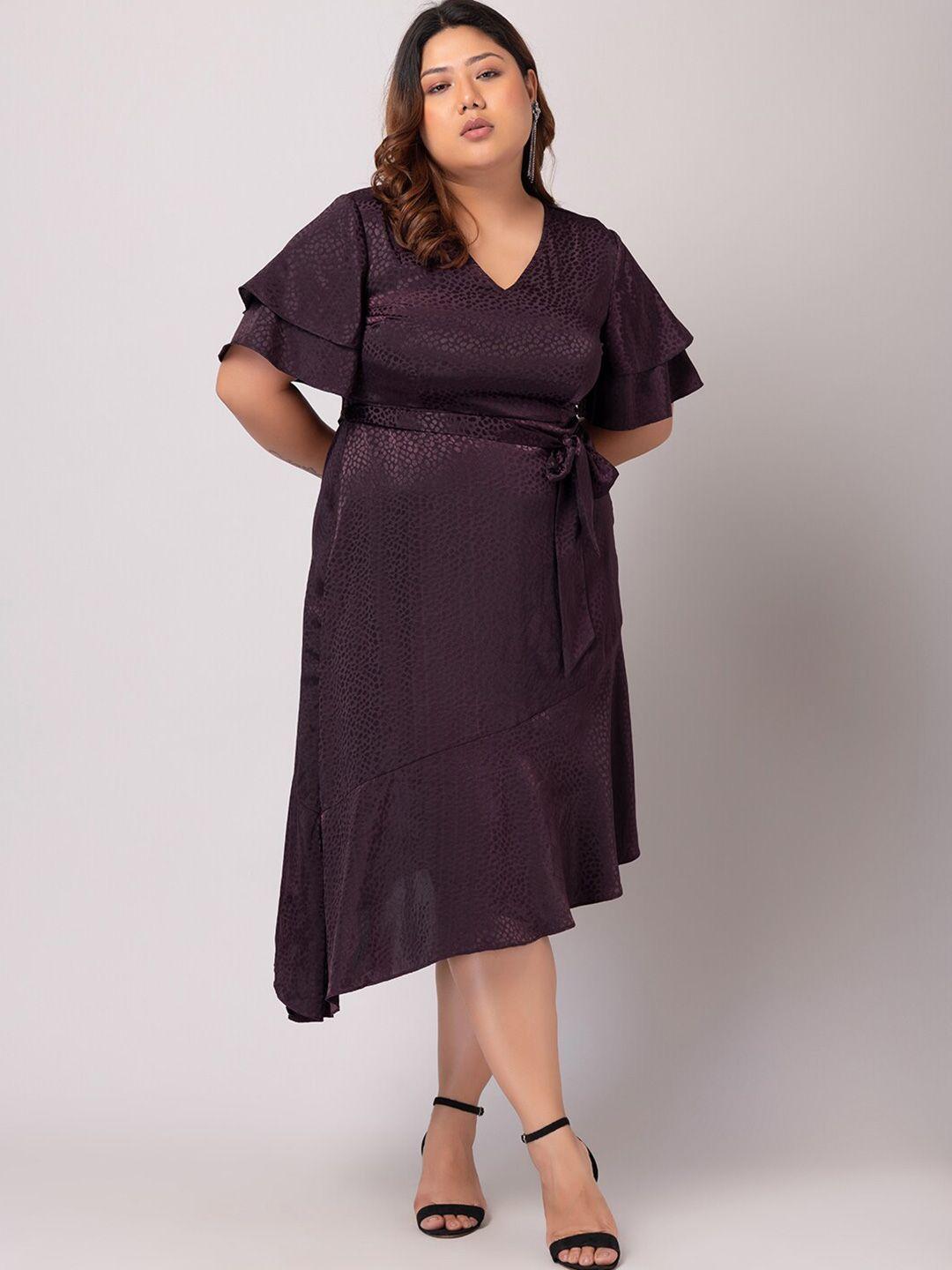 faballey curve plus size self designed v-neck flared sleeves satin a-line dress